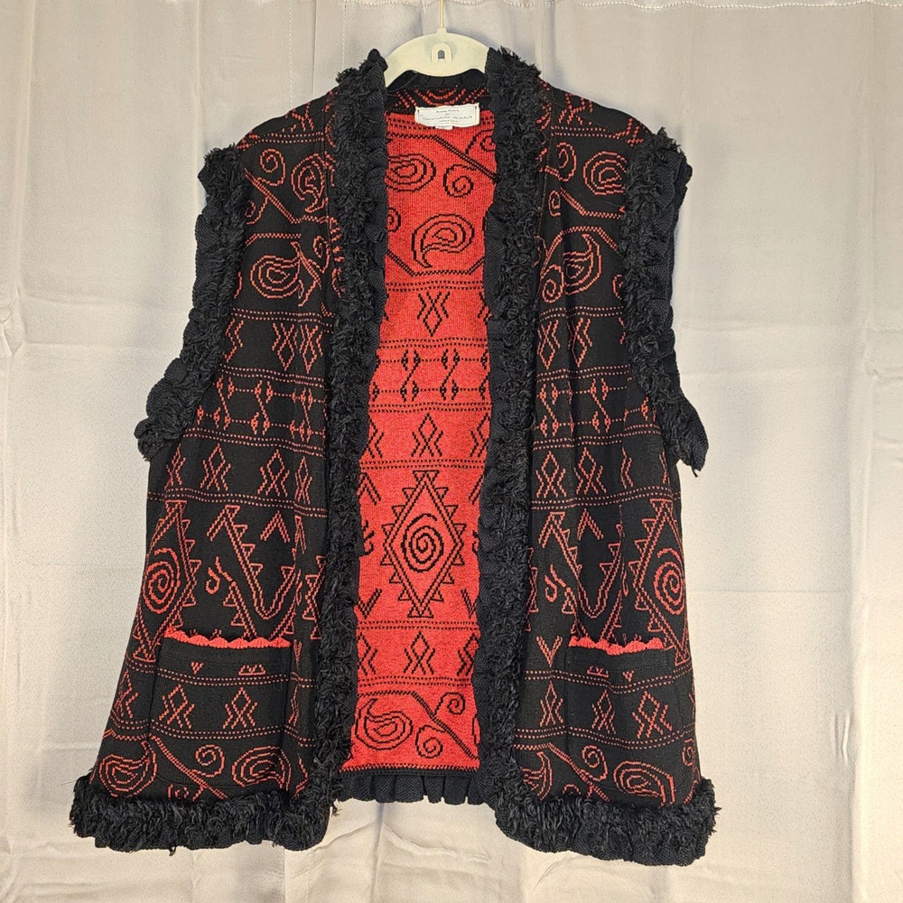 Brenda French French Rags Womens Red Black Wool Blend Cardigan‎ Sweater Vest Lg